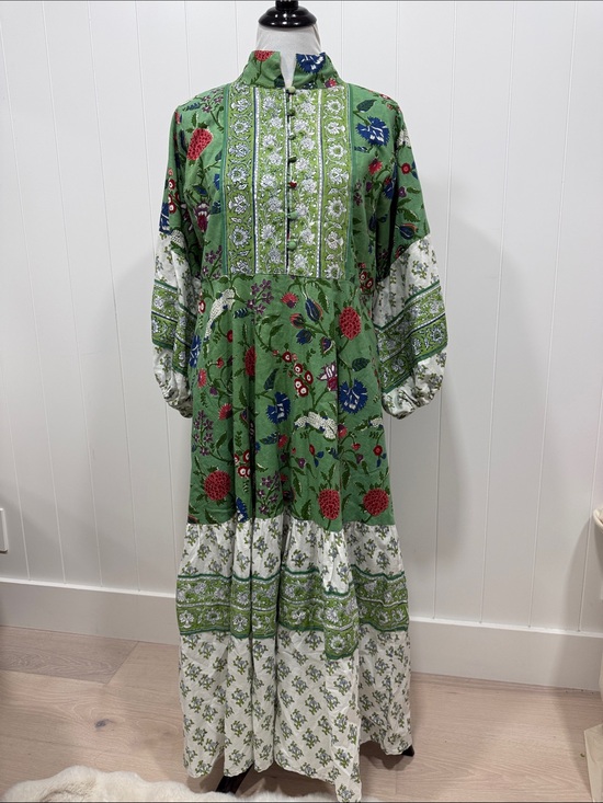 Sue Sartor Dresses & Skirts - Boho Floral Green Maxi Dress with Band Collar